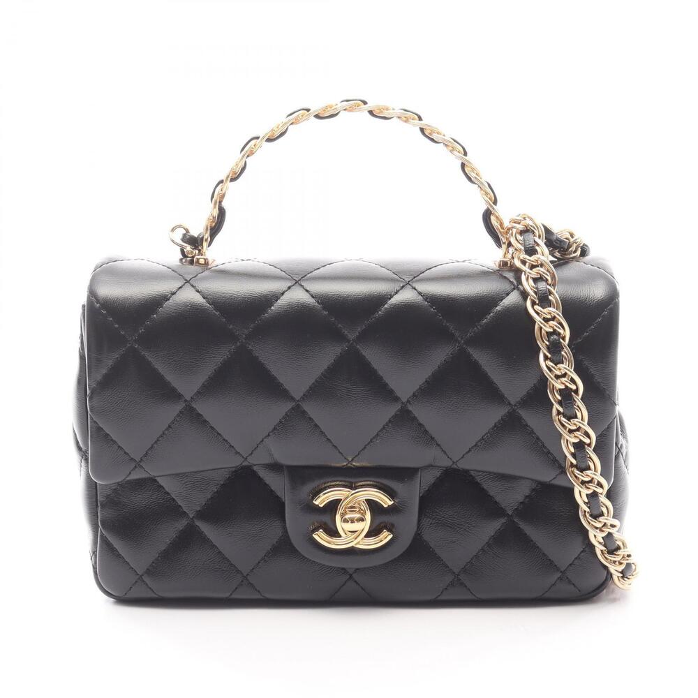 Chanel Matelasse Top Handle Shoulder Bag Leather Shiny Lambskin Black